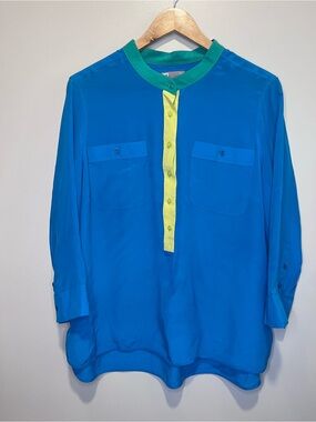 jcpenney Vtg 100% silk blue Button-Front Shirt with Green Collar and Yellow